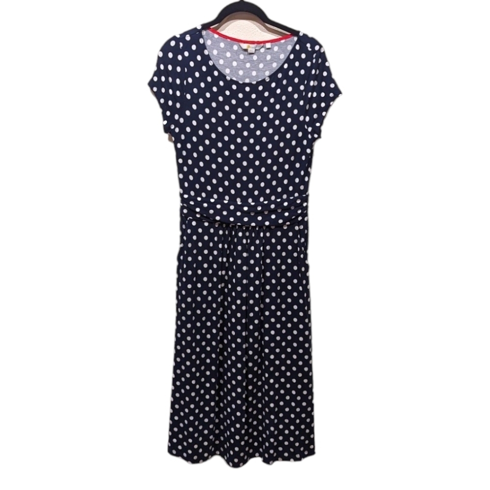 Boden White Polka Dot on Navy Crew Neck Ruched Waist Shortsleeve Midi Dress (6L)